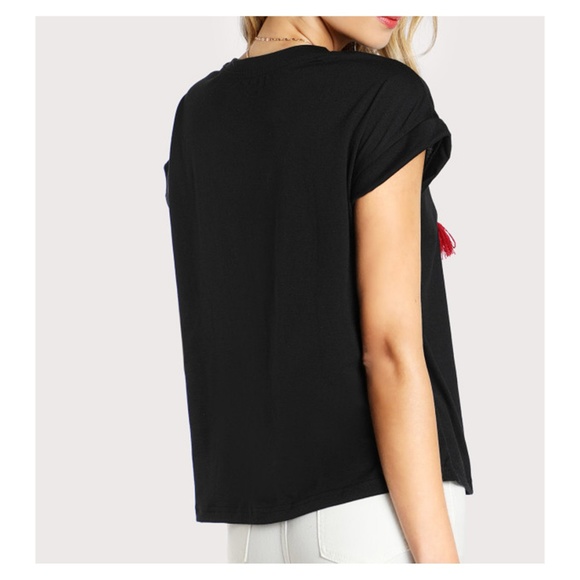 Black Short Sleeve Embroidered Tassel T-Shirt Bonjour - Picture 3 of 5
